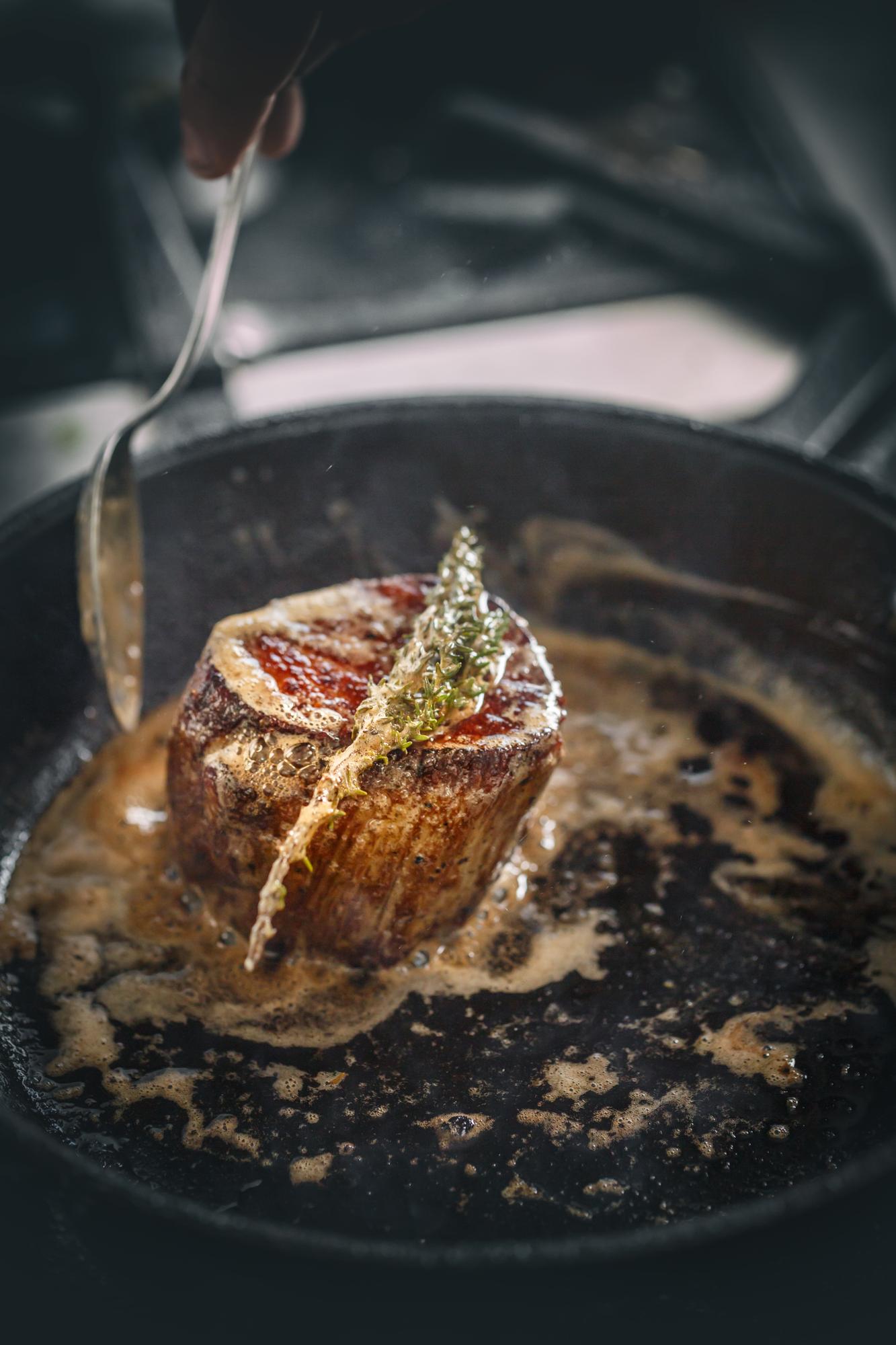 Close-up of caramelized sear on protein